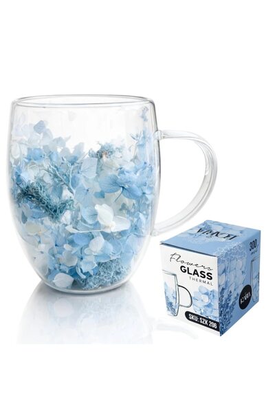 OEM Thermal Mug, Double Walls, 300 ml Capacity, Blue Floral Pattern, Borosili...