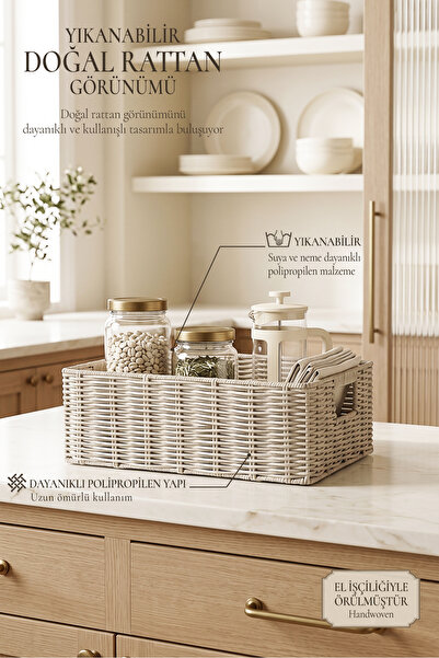 Ocean Home Textile Yıkanabilir Gri PP Rattan Dolap İçi Çamaşır Çocuk Odası Oyuncak Düzenleyici Saklama Sepeti Organizer 39x29x13