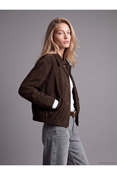 LC Waikiki Lcw Vision Brown Suede Plain Oversize Women's Jacket with Nevavm D...