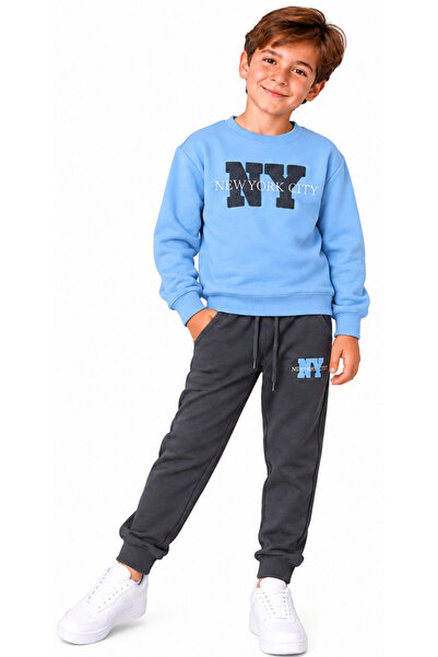 İrem Çocuk Giyim Boy's New York City Text Embroidered Blue Color Tracksuit Se...