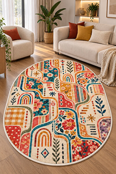 GECE HOME Dijital Baskılı Kaymaz Taban Yıkanabilir Desenli Salon Halısı Mutfa...
