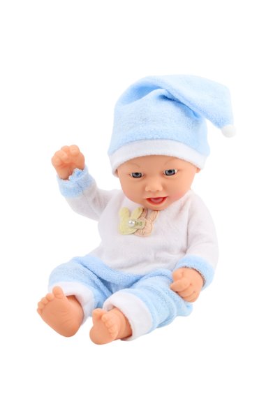 LEAN Papusa bebelus 24 cm, cu pijama albastra si caciulita cu pompon, 3 ani+