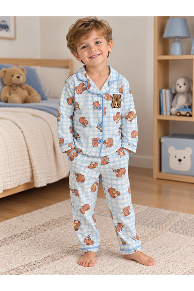 SANTRALBEBE Kız-Erkek Çocuk Önden Düğmeli Pijama Takımı