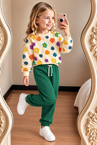 zepkids Girl's Floral Patterned Sweatshirt Green Color Jogger Tracksuit Set