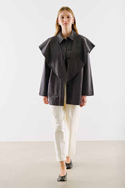 Manuka Shirt Jacket with Scarf Collar Black Striped
