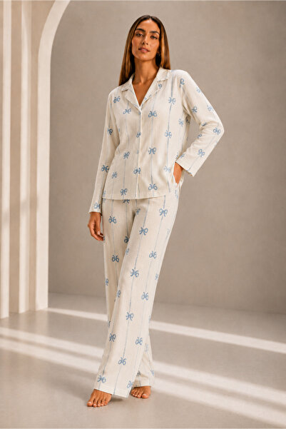 FİT WOMEN Kadın Önden Düğmeli Uzun Kollu Alt Üst Beyaz Pijama Takımı