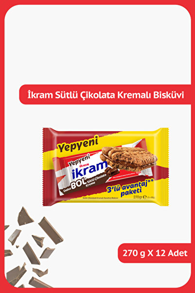 Ülker İKRAM Sütlü Çikolatalı Kremalı Bisküvi - 3'lü Paket - 270 gram - 12 Adet