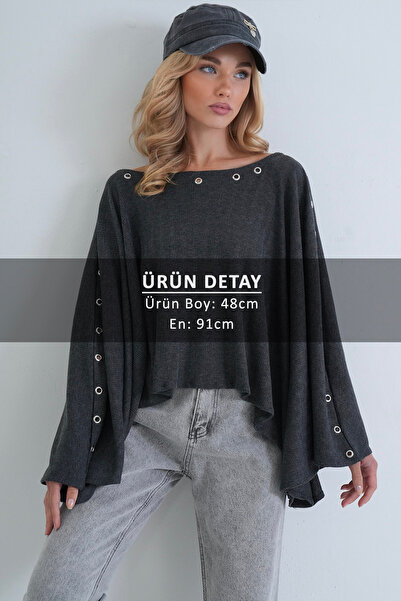 Trend Alaçatı Stili Kadın Antrasit Kuş Gözlü Detaylı Kayık Yaka Örme Panço Bluz Alc-X15862