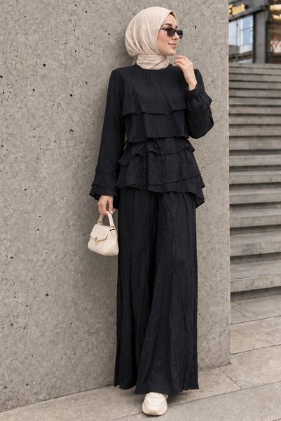 Neva Style Asymmetrical Layered Ruffle Detailed Black Hijab Suit 26086S