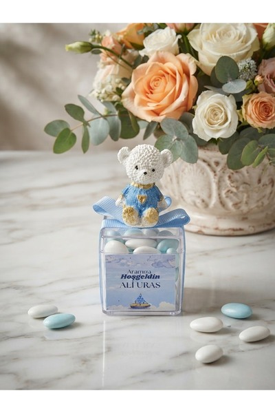 Lune Va Bebek Hediyeliği Kişiselleştirilmiş Etiketli Mavi Ayıcık Taş Tozu Hatıra Kutusu – 10'lu Paket / 4.5 cm / Badem Şekerli