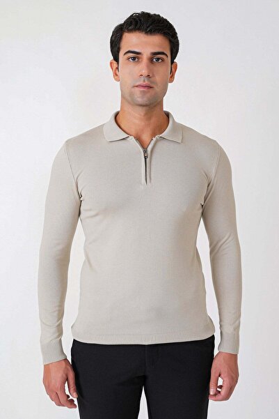 Efor Slim Fit Stretchy Cotton Zippered Polo Collar Stone Knitwear Tr 902