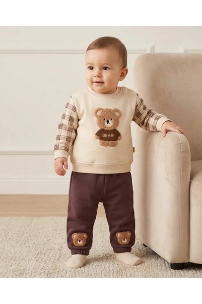 EFEYOO 2-Piece Baby Boy Bear Embroidered Cotton 3-Threaded Baby Set 6-9-9-12 12-18-24 Months Top and Bottom 2-Piece Newborn Baby Set Winter Set