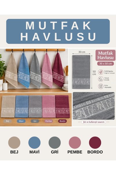 Taşhan Çarşı Bambu Mutfak Havlusu 30x50 cm Yumuşak Emici El ve Kurulama Havlusu