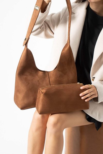 ZEYS Suede Look Women's Shoulder Bag and Makeup Bag Hobo Bag Set