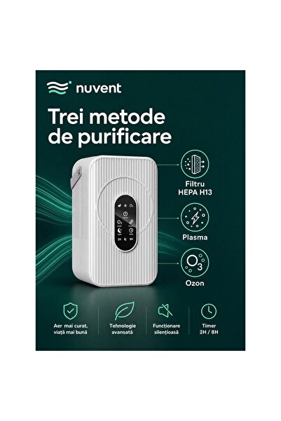 NuVent Purificator de aer portabil 3-în-1 cu HEPA H13, Plasmă și Ozon NV-A02, CADR 100 m³/h, pentru 10–25 m², Ozon cu oprire automată după 15 minute, Silențios 32–44 dB, Mod de repaus, Temporizator 2/8 ore, Panou
