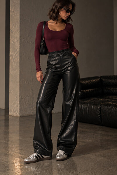 Miss Prova Shine Faux Leather Shiny Trousers with Elastic Waist