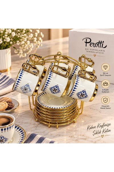 PerottiHome GOLD ASKI STANDLI CİHANGİR 6 KİŞİLİK TÜRK KAHVE FİNCAN TAKIMI