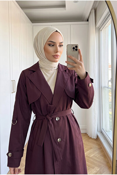 Kirazca Butik Women's Double-Breasted Collar Belted Long Trench Coat with Met...