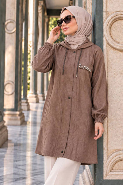 Neva Style Kapüşonlu Bağcık Detaylı Çilek Kumaş Camel Tesettür Kap 15241C