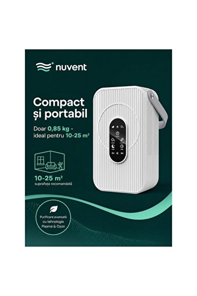 NuVent Purificator de aer portabil 3-în-1 cu HEPA H13, Plasmă și Ozon NV-A02, CADR 100 m³/h, pentru 10–25 m², Ozon cu oprire automată după 15 minute, Silențios 32–44 dB, Mod de repaus, Temporizator 2/8 ore, Panou