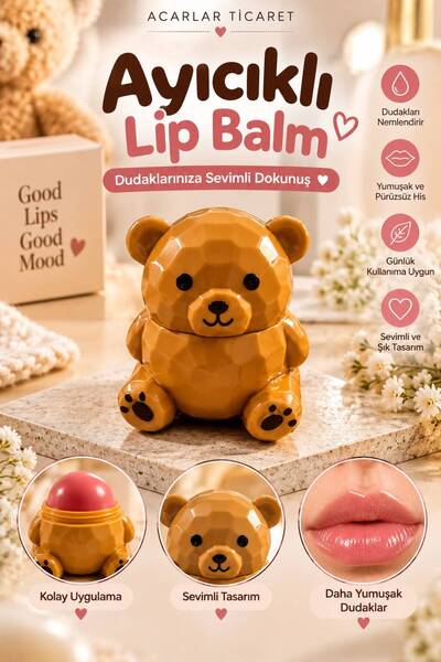 Acarlar Ticaret Ayıcık Lip Balm Nemlendirici |Ayıcık Figürlü Dudak Nemlendirici | SPF 15 E Vitaminli Lip Balm