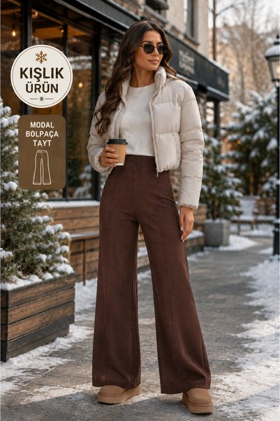 Fioria Women's Brown Winter Fleece Lined Ribbed Front Wide Fit Loose Leg Modal Fabric High Waist Gathering Pants Leggings