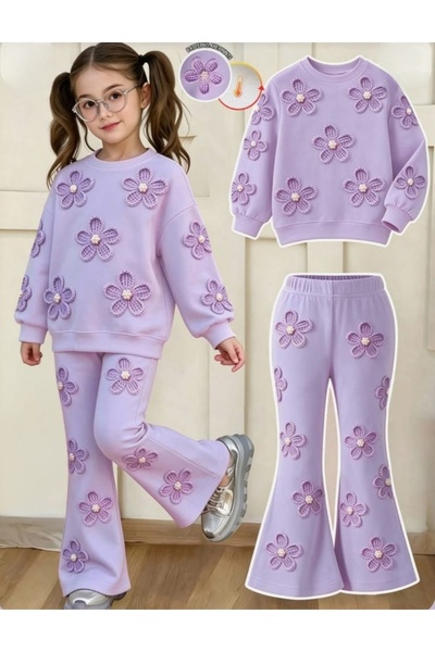 ARBİ kids Kız çocuk mor çiçek desenli inci aplikeli üç iplik şardonlu yumuşac...