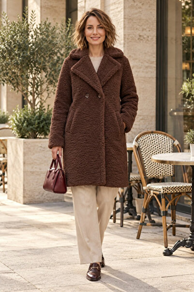 Hb Harma Time Butik Women's Double-Breasted Lined Buttoned Brown Plush Coat
