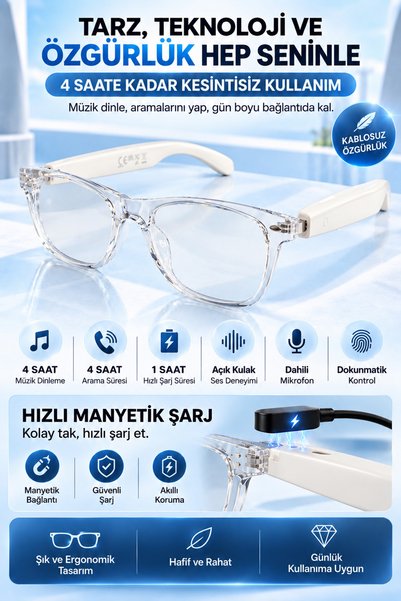 Chunky Frame Bluetooth Müzik Arama Özellikli Açık Kulak Ses Deneyimli, Dahili...