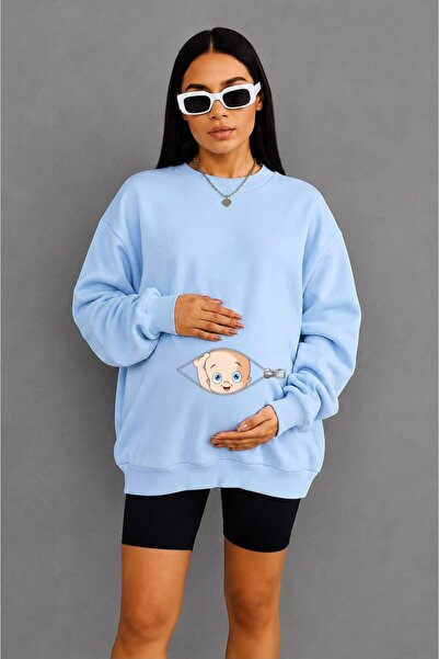 BENROMA 3 Yarn Combed Cotton Zippered Maternity Sweatshirt with Baby Print In...