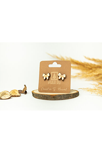 Piner Cercei handmade din lemn, model funda, nuante naturale