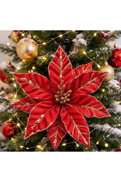 Kmt Style Floare artificială poinsettie roșie de Crăciun cu sclipici auriu și...
