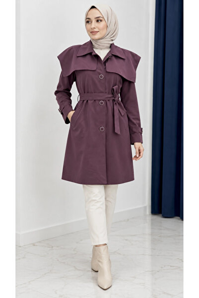 Nevayla Moda معطف ترنش موسمي بأزرار وحزام - أرجواني / M0118