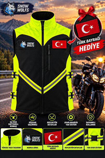 Snow Wolfs Softshell Kumaş, Suya Dayanıklı Motorcu Yeleği, Reflektörlü, Yanla...