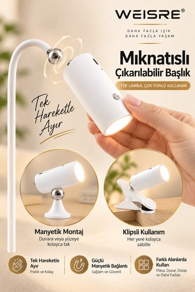 Weisre Şarjlı LED Masa Lambası 4'ü 1 Arada Mıknatıslı Klipsli 3 Işık Modlu Taşınabilir Okuma Lambası Beyaz