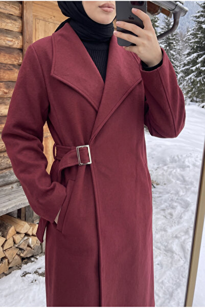 Kirazca Butik Women's Shawl Collar Belted Cashmere Coat – Long Length with Po...