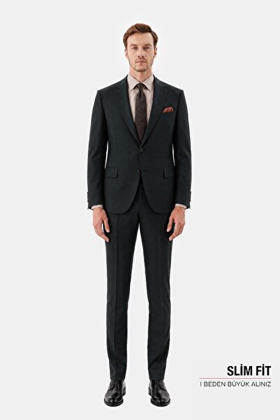 Sabri Özel Yeşil Slim Fit Normal Bel 6 Drop Mono Yaka Takım Elbise