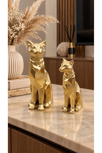 SİAL STUDIO Modern Geometrik Kedi Biblo Seti – Gold 2’li Dekoratif Kedi Figürü