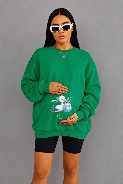 BENROMA 3 Yarn Combed Cotton Baby-Praying Stork Printed Maternity Sweatshirt Jw4