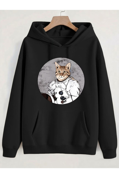 one button Hanorac oversize unisex cu glugă, imprimat cu pisică astronaută, p...