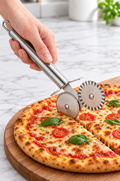 BEYZANA Çift Başlıklı Hamur Kesici ve Pizza Ruleti Paslanmaz Çelik Düz ve Tırtıklı Kesim Başlıklı Bıçak
