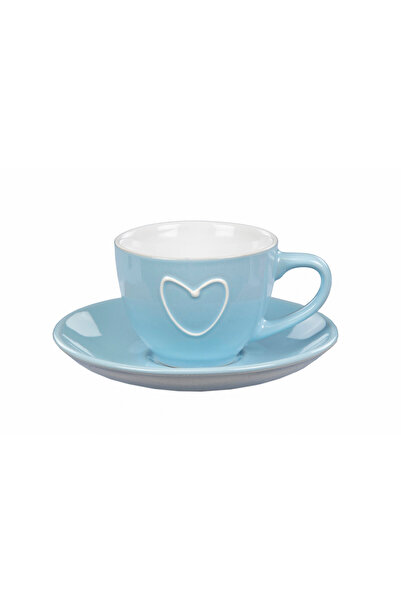 Mavi Kalp Desenli Tabaklı Türk Kahvesi Fincanı – 7 cm Fincan, 12 cm Tabak