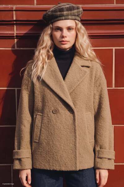 Sateen Textured Boucle Short Coat - Camel