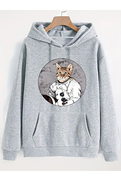 one button Unisex Astronaut Cat Printed Premium Hooded 2 Thread Oversize Swea...