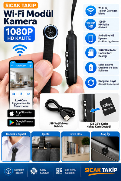 SICAK TAKİP Düğme Tipi Wi-Fi Modül Kamera 1080P HD – LookCam Uygulamalı