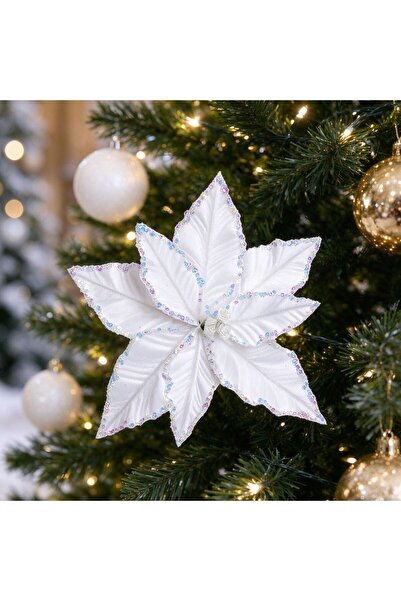 Kmt Style Floare artificială poinsettie albă de Crăciun cu sclipici irizat și...