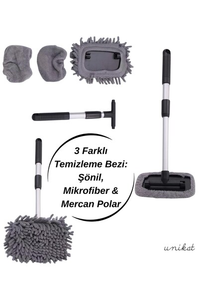UNIKAT 180° Döner Başlıklı Teleskopik Araç Cam ve Torpido Temizleme Aparatı – 3 Farklı Mikrofiber Bezli