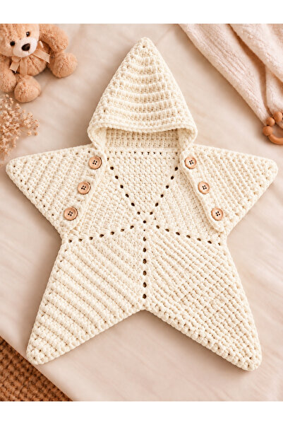 Generic Brand Yıldız Baby Romper Off-White Color Knitted Hooded Fluffy Newbor...