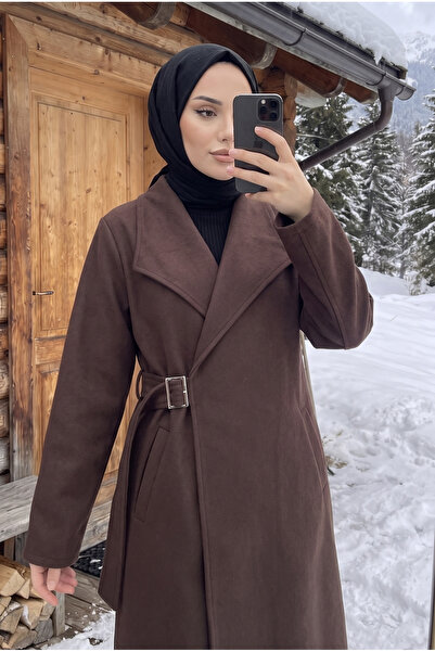 Kirazca Butik Women's Shawl Collar Belted Cashmere Coat – Long Length with Po...