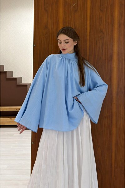 fayaboutique.com Mavi Keten Dokulu Velissa Bluz